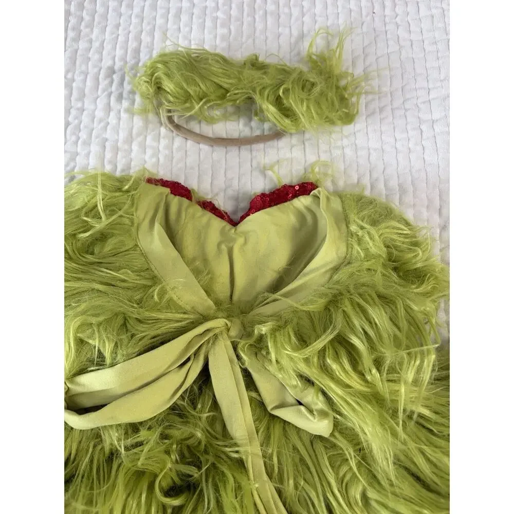 Girls Green Christmas Monster Costume Furry Dress Headband Holiday 3T-4T